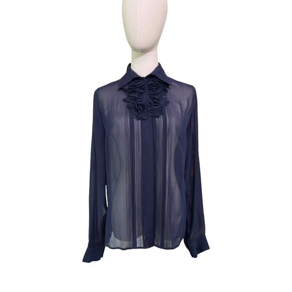 Aquilano Rimondi Navy Silk Ruffle Sheer Blouse IT 44 US 8 Handmade Detail - Picture 1 of 9
